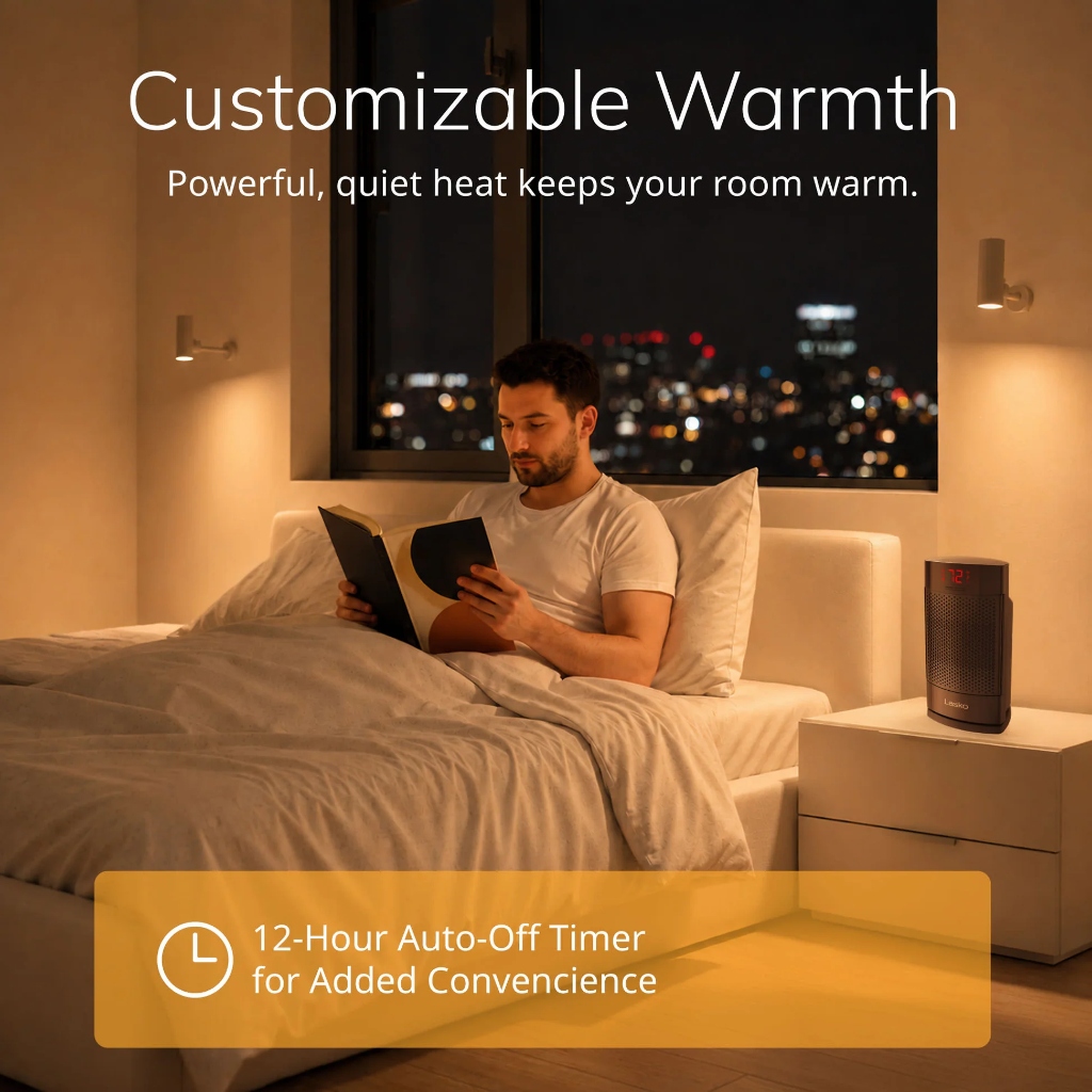 Lasko Ellipse space heater with 12-hour auto-off timer providing timed supplemental comfort in home workspaces and bedrooms