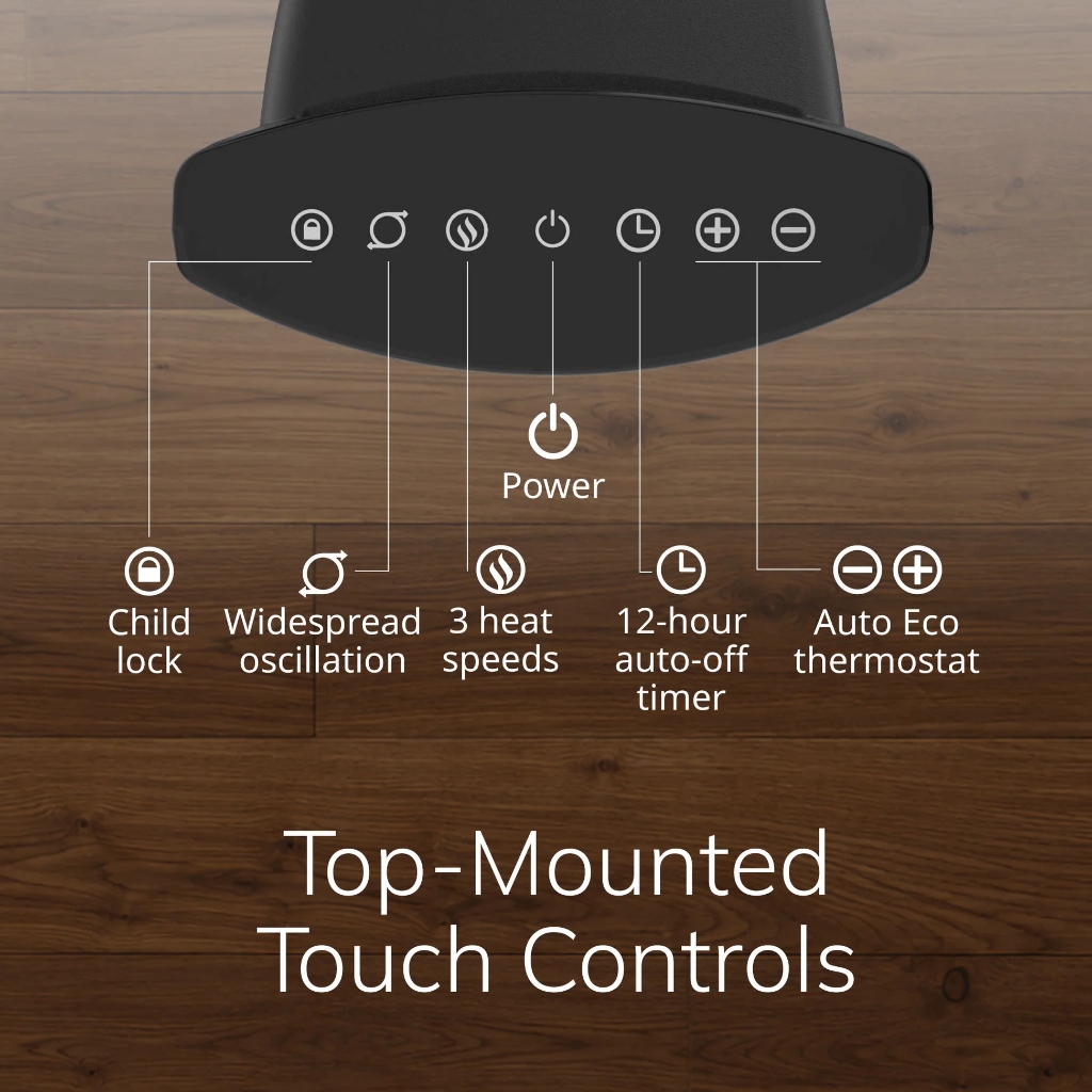 Lasko Ellipse top-mounted digital touch controls showing 3 heat settings, AutoEco thermostat, and 3-second Child Lock