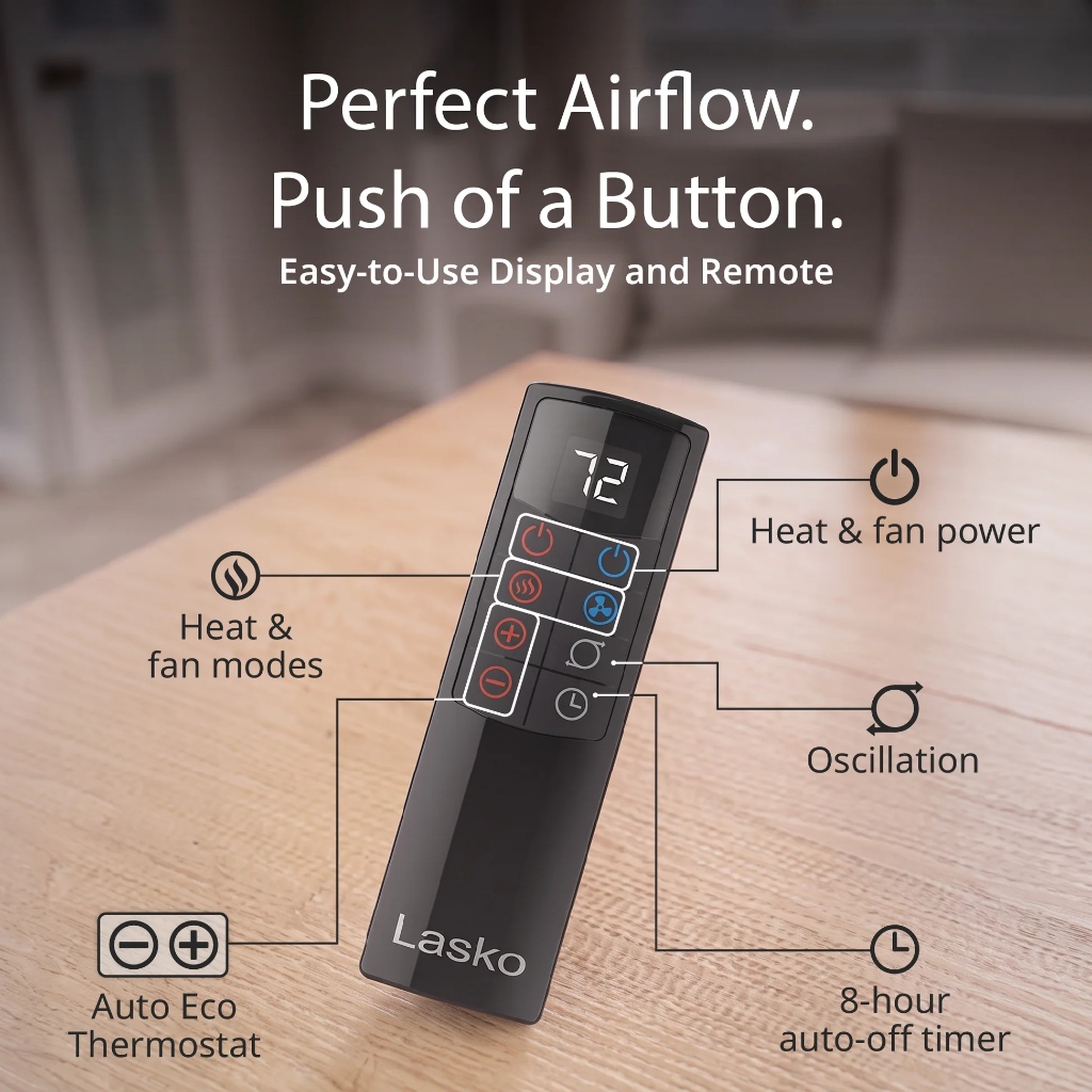 Lasko DUO Comfort Multi-Function Remote Control with AutoEco Thermostat, Timer, and Mode Selectors